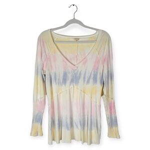 POL Pastel Watercolor Ribbed Knit Boho Long Sleeve Top